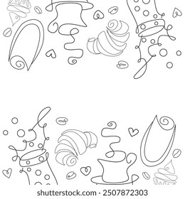 cup of tea, cup of coffee, line art style vector croissant cupcake

