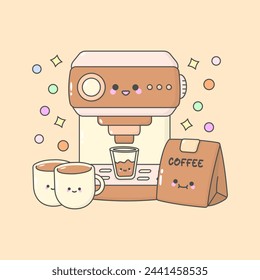 a cup of tea coffee machine bean with cute facial expressions and pastel colour