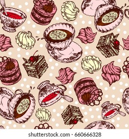 Cup tea coffee marshmallow heart Polka-dot vintage random seamless pattern hand drawn vector
