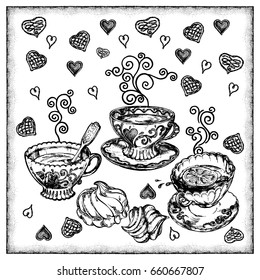Cup tea coffee marshmallow sweet heart frame vector illustration hand draw