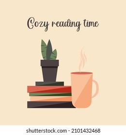 A cup of tea or coffee near a stack of paper books. Cozy reading at home or in the library. Indoor plant in a pot. Time to read and learn. Vector.