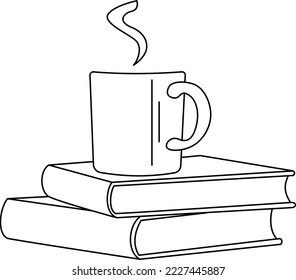 Cup with tea or coffee on books in linear vector illustration
