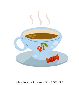 Cup of tea or coffee on saucer with candy. Cute cozy drawing. Breakfast and kitchenware with hot drink. Flat cartoon