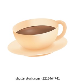 Cup of tea or coffee on saucer 3D icon. Three-dimensional teacup with brown liquid vector illustration on white background. Breakfast, coffee shop, beverage concept