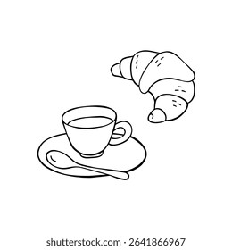 A cup of tea, coffee on a small plate, a spoon, and a croissant hand-drawn vector illustration. Minimalist drawing isolated on white background.