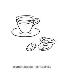 A cup of tea, coffee on a small plate and chocolate-chip cookie hand-drawn vector illustration. Minimalist drawing isolated on white background.