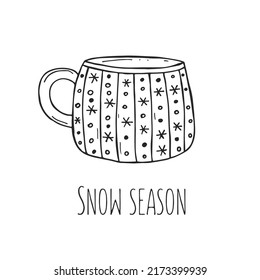 Cup of tea or coffee on a white background. Vector illustration in doodle style. Winter mood. Hello 2023. Merry Christmas and Happy New Year. 