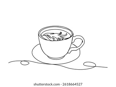 Cup of tea or coffee, one line drawing vector illustration.