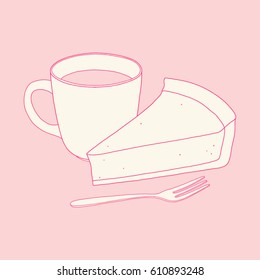 Cup of tea or coffee, piece of cheesecake and fork. Hand drawn kitchen and cafe illustration  