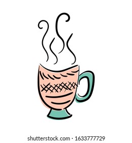 A cup of tea, coffee and plant branches. Vector sketch illustration. Isolated on white.