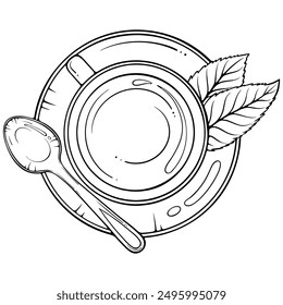 Tasse Tee oder Kaffee mit Untertasse, Löffel und Minze Blätter Draufsicht. Morgen heißes Getränk. Vektorgrafiken im handgezeichneten Skizzenstil, einzeln auf Weiß. Schwarze Umrissgrafik für Druck, Malbuch