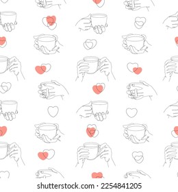 Cup of tea or coffee seamless pattern in human hands and red heart. Seamless pattern for Valentine's day. Continuous continuous line drawing, fashion outline. vector illustration