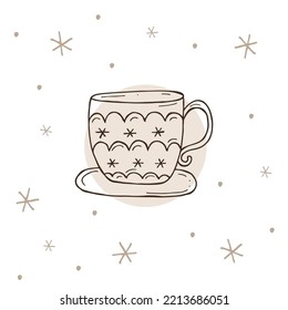 Cup of tea or coffee with a snowflakes on a white and brown background. Vector illustration in doodle style. Winter mood. Hello 2023. Merry Christmas and Happy New Year. 