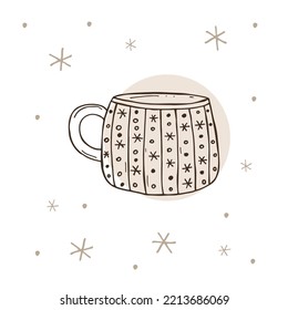 Taza de té o café con copos de nieve sobre fondo blanco y marrón. Ilustración vectorial en estilo doodle. Ánimo de invierno. Hola 2023. Feliz Navidad y Feliz Año Nuevo. 