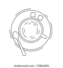 Cup of tea or coffee with a spoon and sugar in linear style a vector.Design concept for infographics, restaurants, cafe, the delivery services and sale of drinks.Ceramic cup on a saucer. Top view