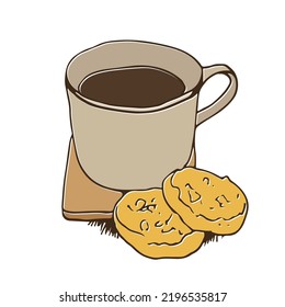 Una taza de té o café sobre una mesa, con galletas, ilustración de vector dibujada a mano, aislada sobre un fondo blanco