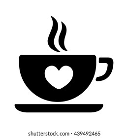 cup of tea coffee with steam and heart black imple icon
