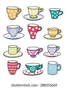 Cup of tea or coffee. Twelve cups and saucers of different shapes and patterns.