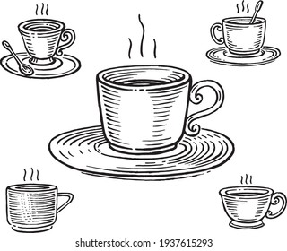 Cup of tea or coffee, vector illustration. Vintage graphics and handwork. Drawing with an ink pen and pencil. The A cup of tea, a cup of coffee. A cup with a saucer and a spoon. A hot drink.