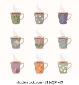 Cup of tea and coffee vector set. Mug illustrations in pastel colors.