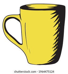 A cup for tea or coffee. Yellow cup. A restaurant. Cafe. Dishes for a hot drink. Cartoon style. Vector illustration isolated for design and decoration.