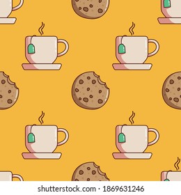 a cup of tea with cookies drawing in seamless pattern