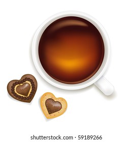 Cup Of Tea With Cookies, Isolated On White Background, Vector Illustration