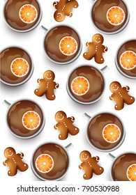 Cup of tea with cookies pattern. Top view, white Vector backgrounds