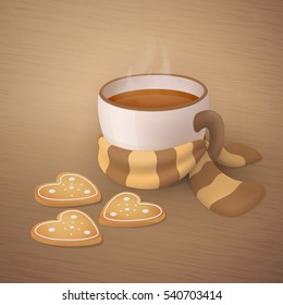 Cup of tea and cookies in the shape of heart. Warm greeting card. Vector illustration.