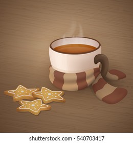 Cup of tea and cookies in the shape of stars. Warm greeting card. Vector illustration.