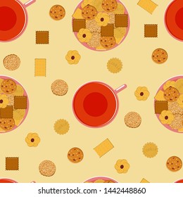 Cup of tea and cookies vector seamless pattern