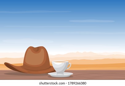 Un Té y Sombrero de Cowboy en el paisaje del desierto Ver Ilustración