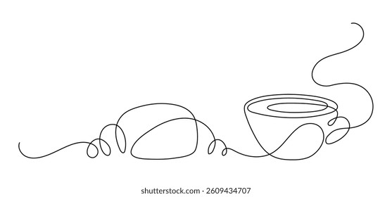 Cup of tea with croissant. Breakfast time. Continuous line drawing. 