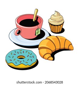 Té, croissant, donut, muffin. Estilo isométrico de la línea de esbozo 3d vectorial, ilustración del icono de color. Idea de diseño creativo y elementos de infografía.