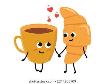 С una taza de té y un cruasán enamorándose. El amor y el concepto de San Valentín. Ilustración aislada sobre fondo blanco.