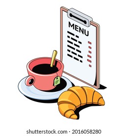 Cup of tea, croissant, menu. Vector 3d sketch line isometric, color icon illustration, flat style. Creative design idea and elements for infographics and website.