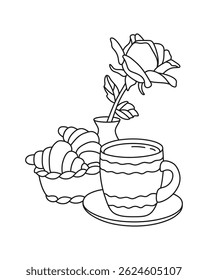 Cup of tea, croissants and rose. Vector illustration. Coloring page.