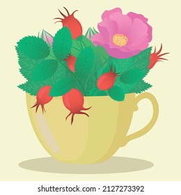 A cup of tea, a cup with currant leaves, wild rose, flowers. Illustration with flower cup.