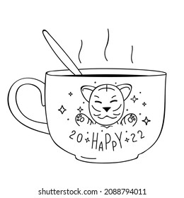 Cup of tea with cute Tiger and inscription Happy 2022. Linear drawing. Design Template for Christmas card, banner, poster, holiday decoration. Vector