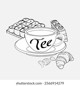 A cup of tea with delicious desserts. Croissant, cake, sweets. Menu design for a cafe. Vector illustration in the style of drawing then hands.