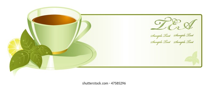  cup of tea with a dish and leaves of mint