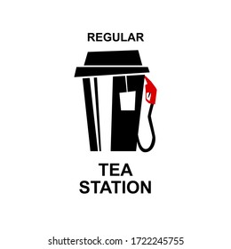 Cup of tea with dispenser. Metaphor tea is power for people. Beverage on gas station. Vector logo illustration on white background