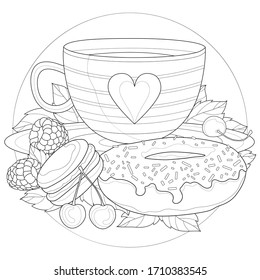 Cup of tea with a donut, macaroon, raspberries, mint and cherry.Coloring book anti stress for children and adults. Illustration isolated on white background.Zen-tangle style. Black and white drawing