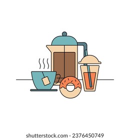 Cup of tea donut teapot colored line vector clipart