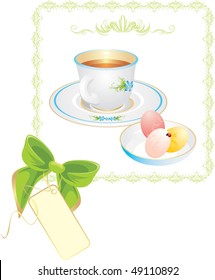 Cup with tea and Easter eggs in the decorative frame with bow. Vector