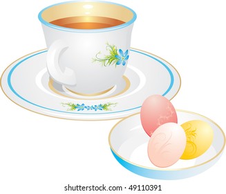 Cup with tea and Easter eggs. Vector