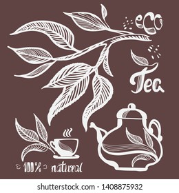 Cup of tea eco,  a hand drawn eco tea pair, tea leaves, lemon cubes on a round background. Vector illustration