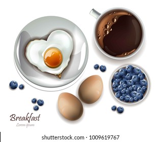 Cup of tea and eggs breakfast. Vector realistic Layout menu, page, cooking books