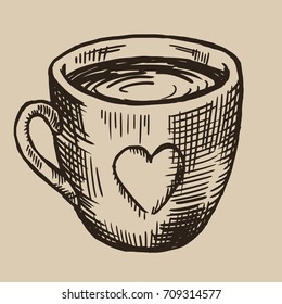 A Cup Of Tea Engraving. Ceramic Ware With A Heart. Vector Illustration In Sketch Style. EPS 10.