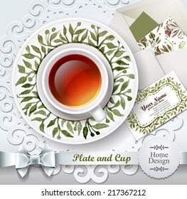 A cup of tea with envelope and creative business card template.Vector illustration. White mug and saucer with pattern.
